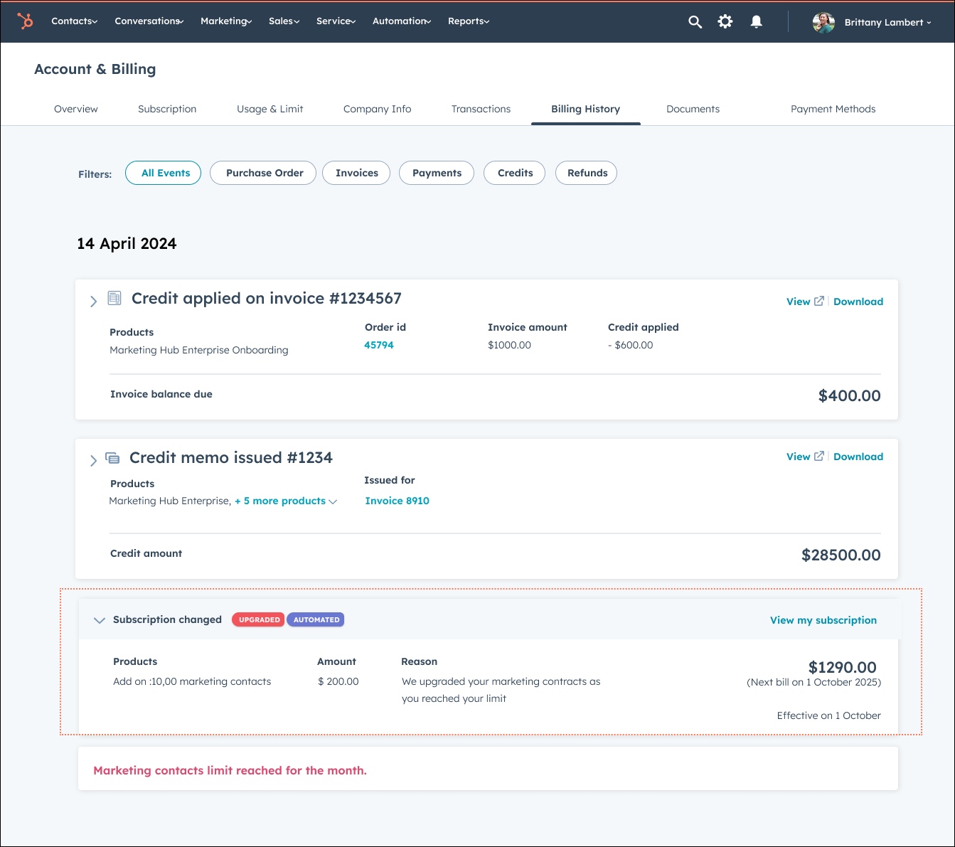 Billing History — structured event log showing credits, subscription changes, and linked documents