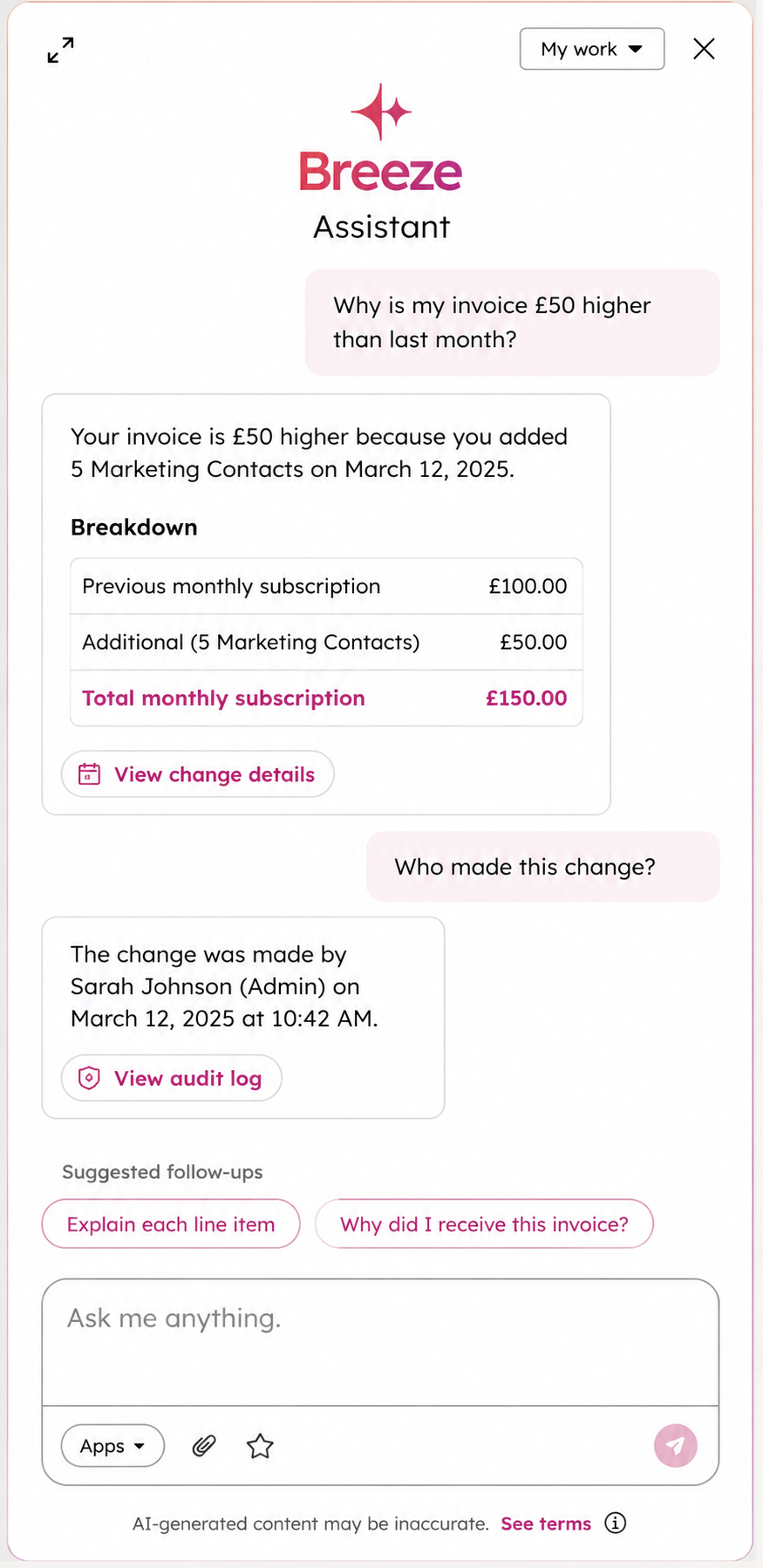 Chatbot — user asks why invoice is higher; assistant explains the charge breakdown