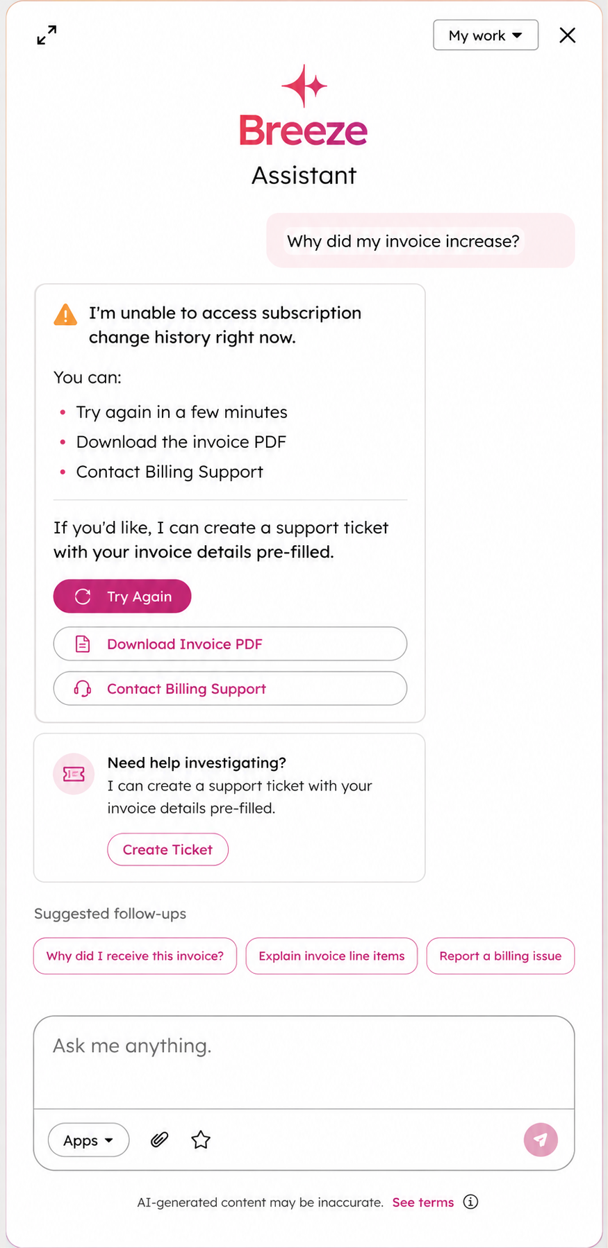 Chatbot — fallback when billing history is unavailable, with retry and support options