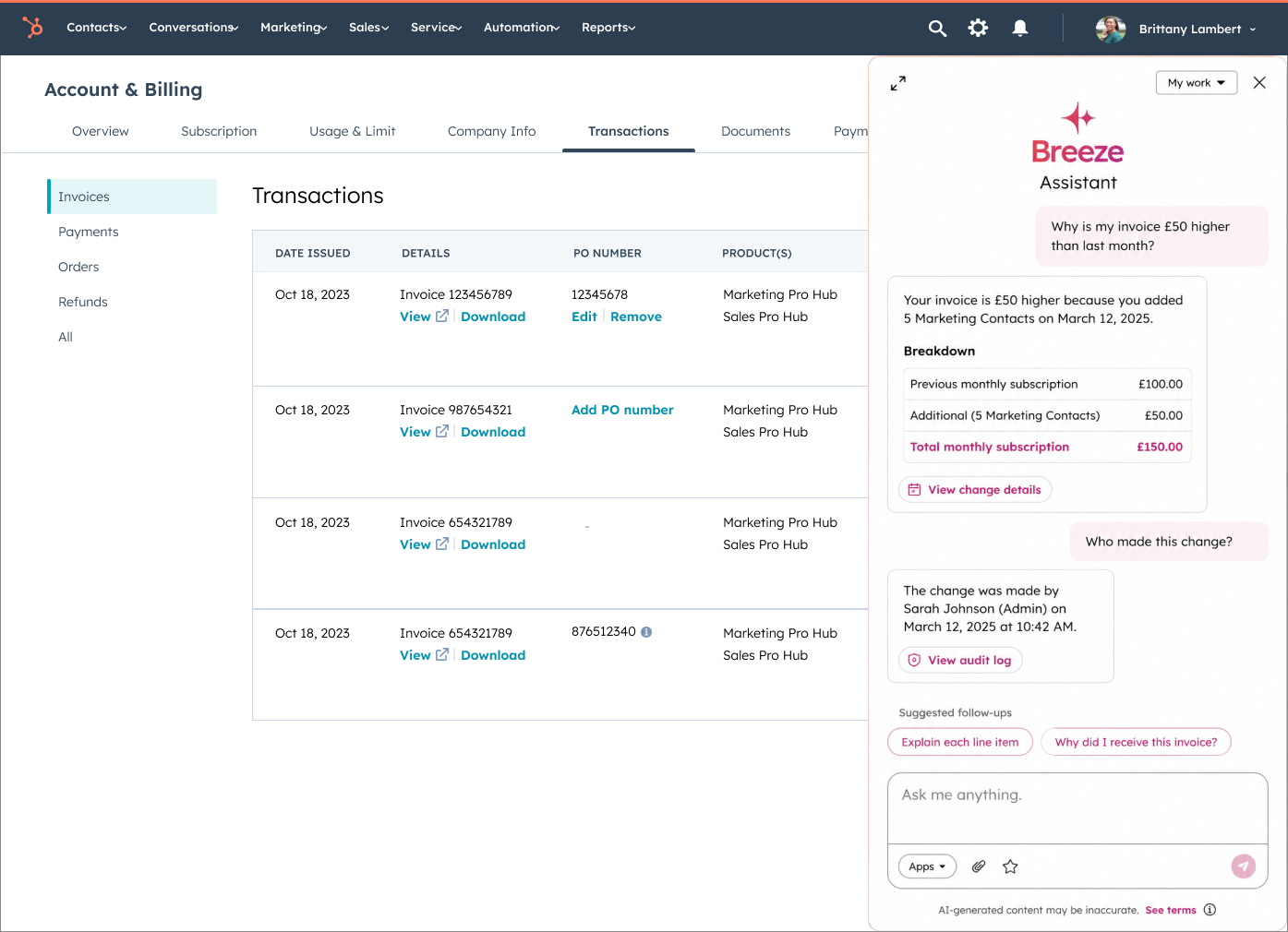 Chatbot with delta billing — AI assistant explaining invoice changes alongside the transactions view