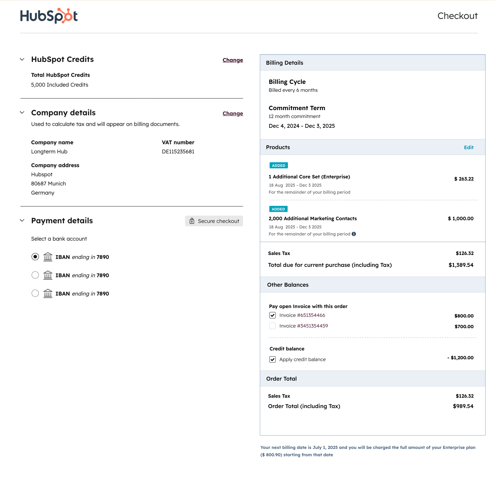 After — checkout aligned with invoice totals and clearer change labels