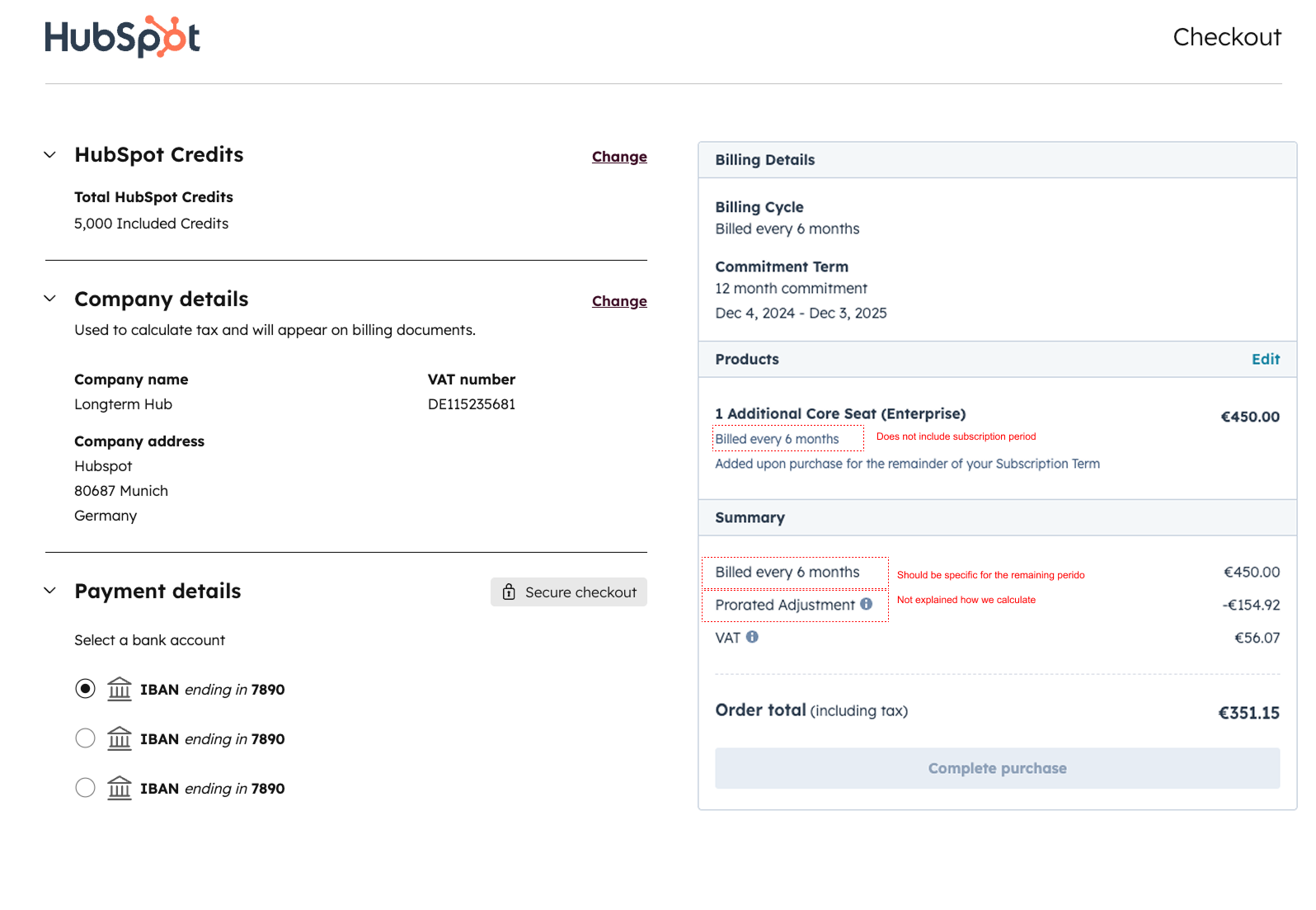 Before — checkout with inconsistent quoting against the final invoice