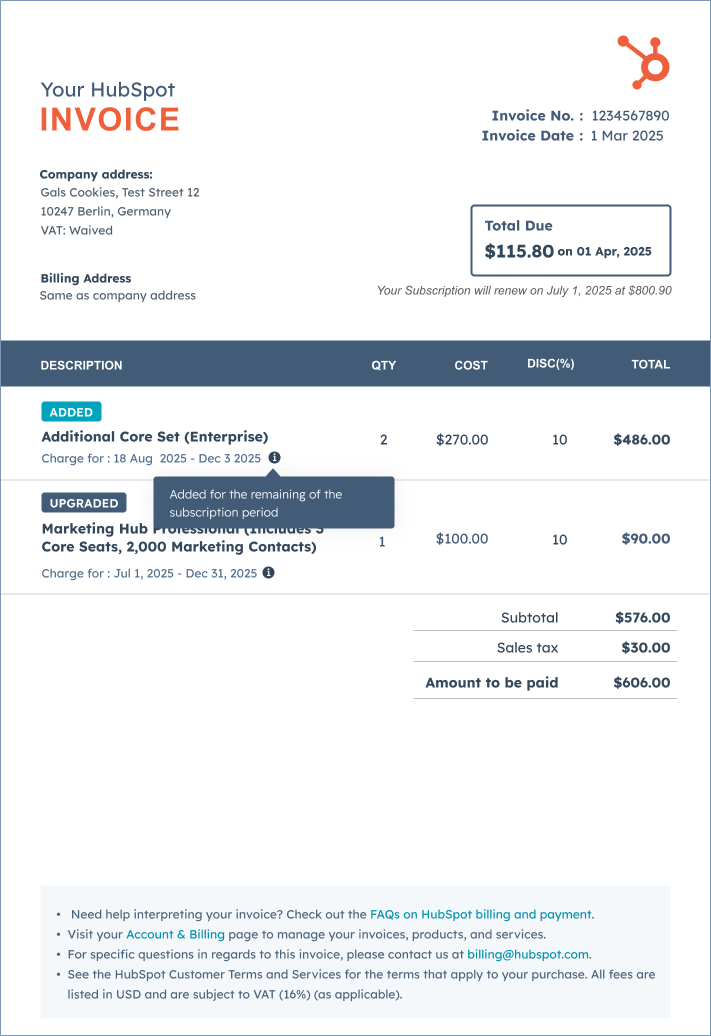 After — Delta Invoice showing added and upgraded line items clearly