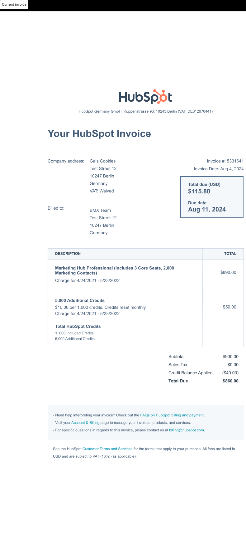 Before — current invoice with limited line-item clarity