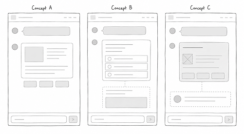 AI invoice assistant proposal — wireframe concepts A, B and C for a chat-based invoice interpretation experience