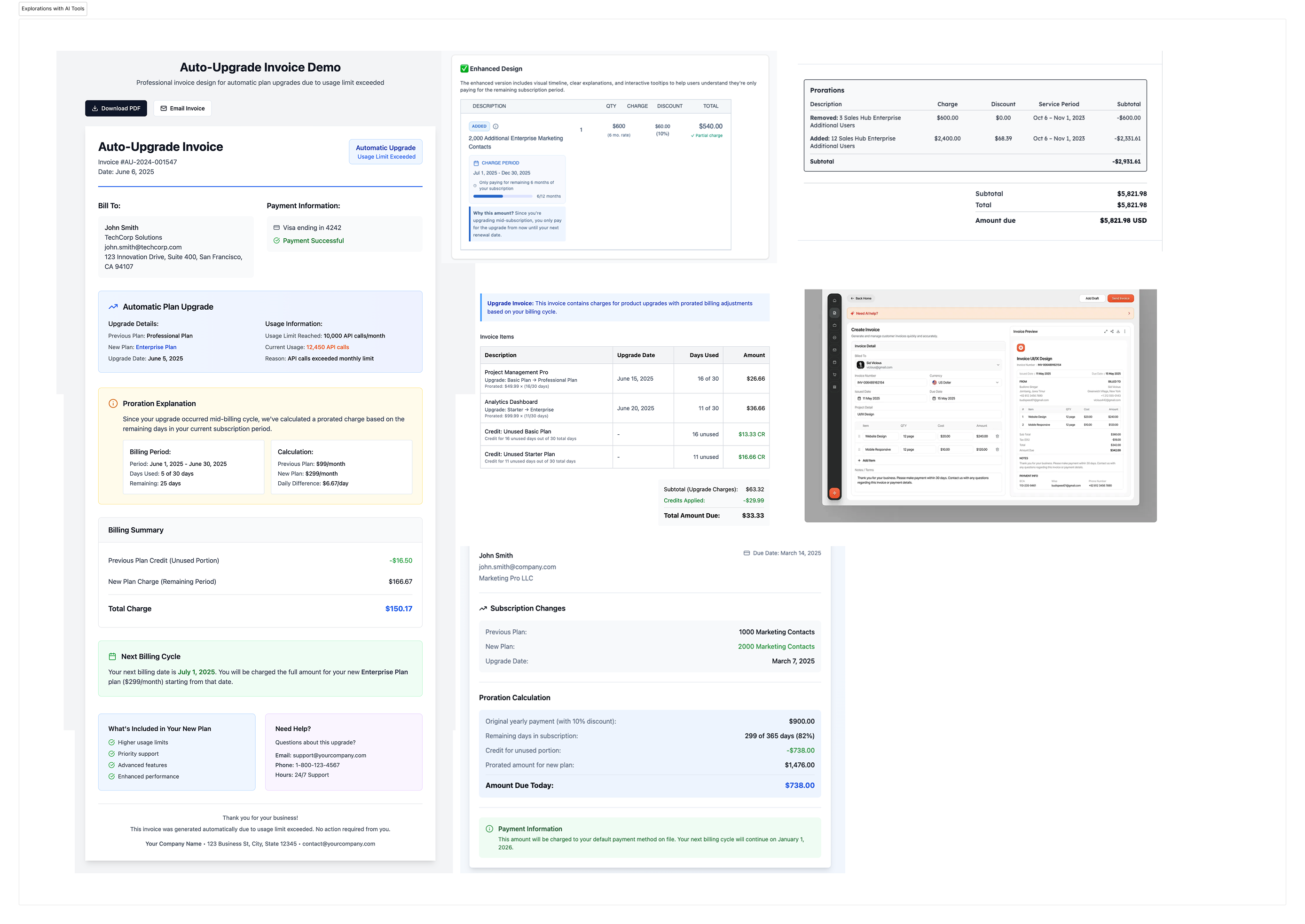 Explorations generated with AI tools for invoice layouts and proration explanations