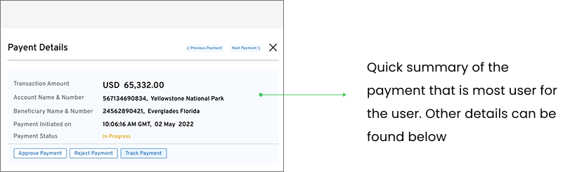 Payment details panel with status and approval actions