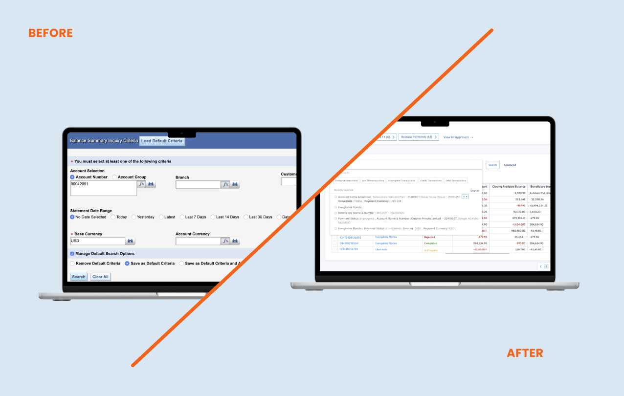 Before and after comparison of legacy search criteria versus a streamlined customised search experience